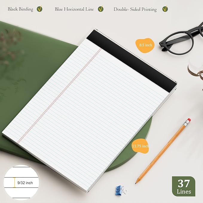2 Pack of Legal Pads 8.5 x 11 College Ruled Writing Pads 8.5" x 11.75" Notepad 30 Sheets per Note Pads Notebook Study Back 8x11 Pads of Paper