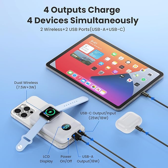Magnetic Portable Charger for iPhone, 10800mAh 4-in-1 Wireless Power Bank with iWatch Charger, 25W PD Fast Charging Battery Pack for Magsafe, iPhone 16/15/14/13/12 Series, Apple Watch (B-White)
