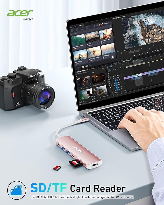 Acer USB Hub, 7 in 1 USB C to HDMI Multi-Port Adapter, 2 USB 3.1 GEN1 and 5Gbps Type-C Data Port, 4K HDMI Port, PD 100W Charging, SD Card Reader, for iPad Pro MacBook Pro Acer Laptops and More (Pink)