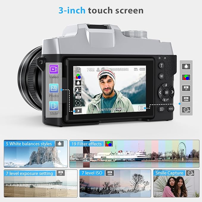 Camera for Photography, 10X Optical Zoom 4K Digital Camera, 75MP Vlogging Cameras for YouTube, WiFi Autofocus 3" 180° Flip Screen with 32GB Card, Tripod, 2 Batteries & Battery Charger, Black