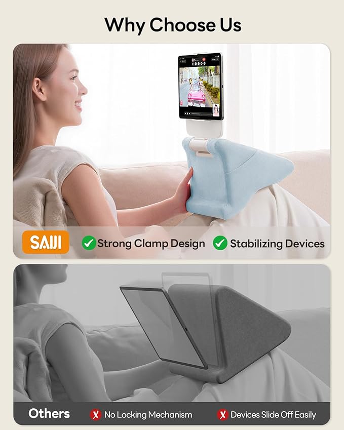 SAIJI Tablet Kindle Stand Pillow - iPad Holder for Lap Reading in Bed, with Lifter & Angle Adjustable Multi-Function Clip for 4-13" Tablets, iPad, Kindle, Phone, Blue