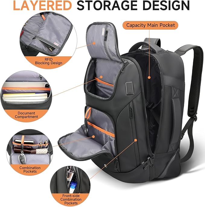 Backpack for Men,17.3" Anti Theft Convertible Laptop Backpack with Wheels,50L Rfid Personal Item Wheeled Backpack for Travel Business Work, Black