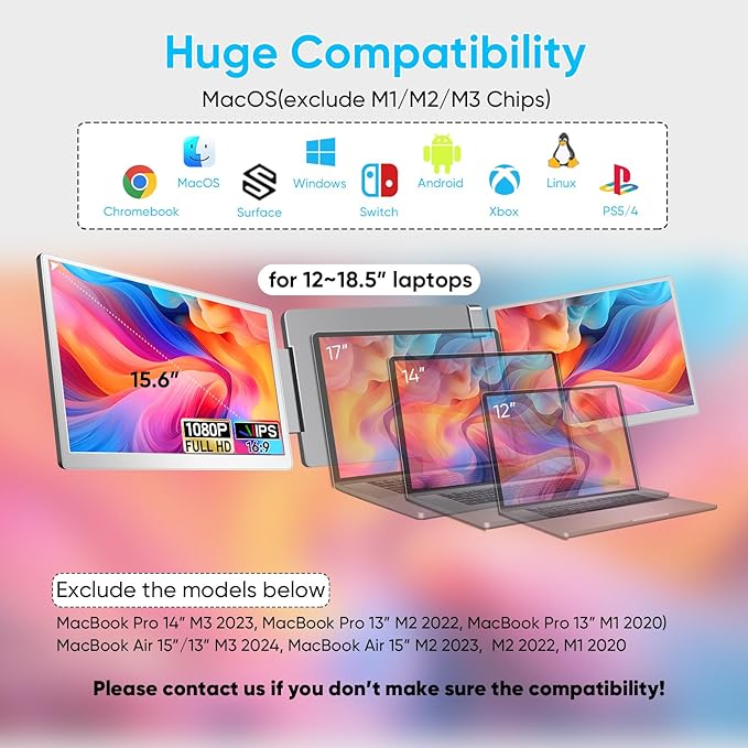 15.6" Laptop Screen Extender, FHD 1080P IPS Portable Monitor for Laptops 12~18.5 inch, Triple Screen Laptop Monitor Extender Display, Plug & Play with USB-C HDMI for Windows/MacBook/PS5/Switch/PS4