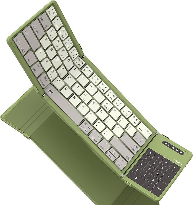Nillkin Foldable Travel Keyboard with Touchpad & Number Pad, Bluetooth Wireless Portable Folding Full Size Keyboard with Trackpad for PC Laptop iPad Tablets Smartphone, Silicone Leather Cover, Green
