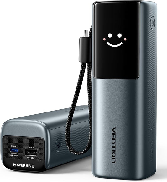 VENTION Powerhive Laptop Power Bank Fast Charging, 165W 20000mAh Portable Travel Charger, Digital Display & Emoji Animation, Integrated USB-C Cable for MacBook/iPhone 16/Galaxy S25 Ultra/Dell/HP