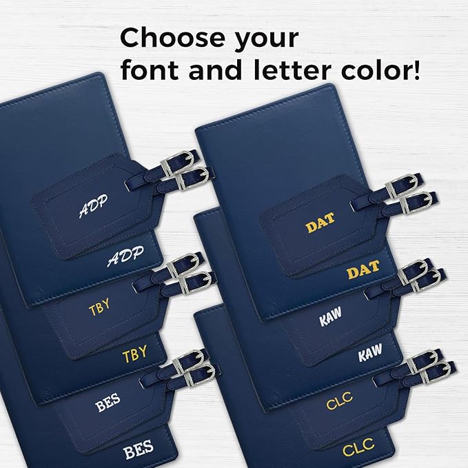 Personalized Monogrammed Navy Leather RFID Passport Wallet and 2 Luggage Tags