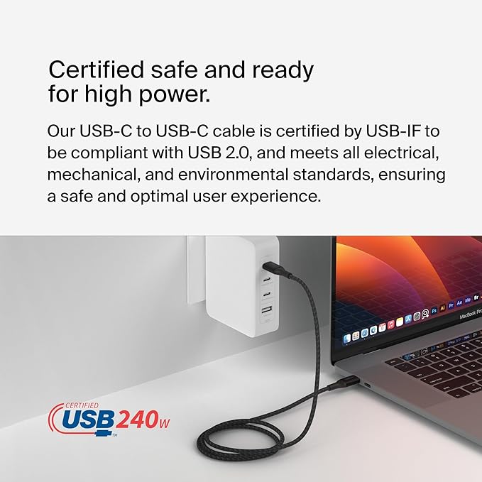 Belkin BoostCharge USB C to USB C Cable - Fast-Charging Power Cable with Braided Nylon Cord, Anodized Aluminum Head - 240W Power Delivery - Universal Compatibility - 3.3 or 6.6ft Length