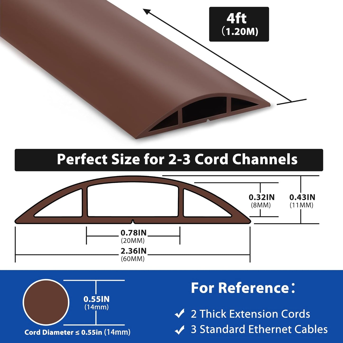 4ft Cord Hider Floor, LZEOY Heavy Duty Cord Covers for Wires on Floor, Brown Floor Cable Management, Hide Cord Cover Floor, Electrical Cable Hider Cord Protector Floor, Cable Cavity: 0.78" W x 0.32" H