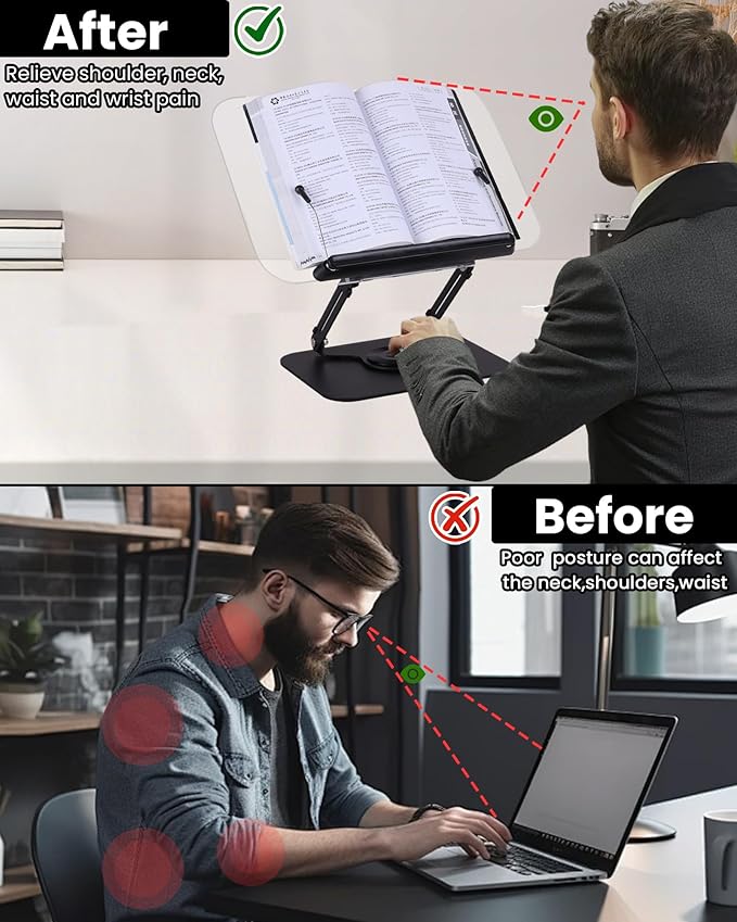 ASIEIT Book Stand for Reading, Acrylic Adjustable Book Holder with 360° Rotating Bases & Elastic Page Clips, Foldable Multifunctional Display Stand for Bible, Laptop, Recipe, Tablets, Textbook