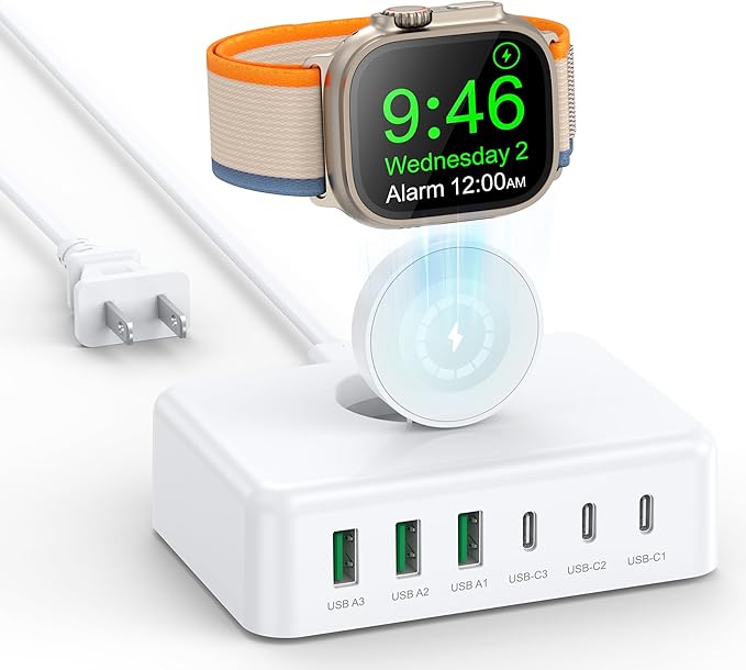 125W USB C Fast Charger Charging Station Block for Apple Watch Charger, USB C 6 Port PD GaN Fast Charger Hub Power Adapter for iPad iPhone 16 15 14 13 12 Apple Watch 10 9 8 7 6 5 Galaxy S23 Note 20