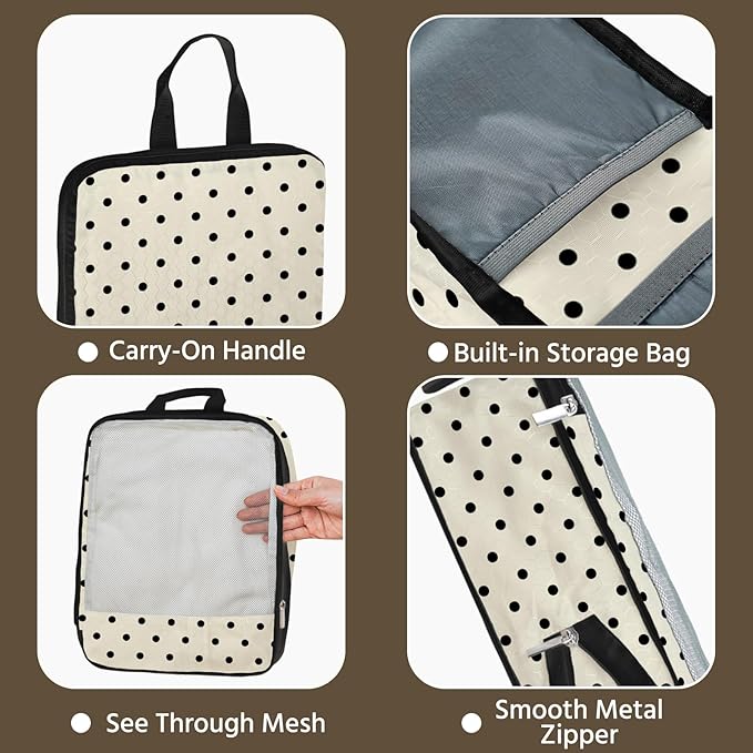 7 Pcs Compression Packing Cubes for Travel, Waterproof Suitcase Luggage Backpack Organizer with Toiletry Bag Travel Essentials for Women/Men-Polka Dots
