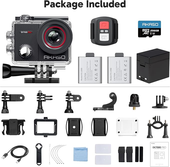 AKASO EK7000 Pro 4K30fps Action Camera with 256GB MicroSDXC U3 Card Accessories Kit Bundle, 20MP Ultra HD 131ft Waterproof Underwater Camera EIS WiFi Remote Control 5X Zoom Sport Cameras