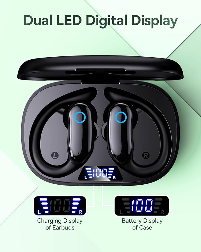 GNMN Active Noise Canceling Ear Buds Wireless Earbuds 96hrs Playback Bluetooth Headphones IPX7 Waterproof Stereo Bass Over-Ear Earphones with Earhooks Microphone LED Battery Display for Sports/Workout