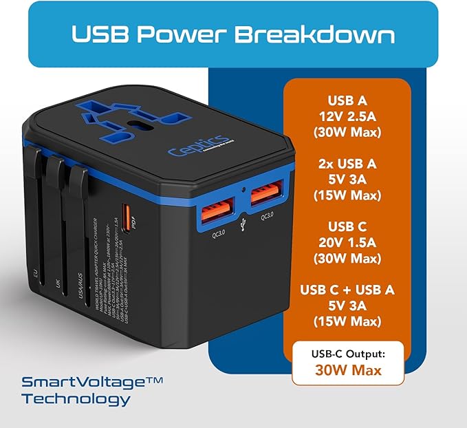 Ceptics International Power Adapter, World Travel adapter w/ PD 30W USB-C - 2 USB-A Ports Universal Adapter, Type A C G I Output for worldwide use, UP-10KU