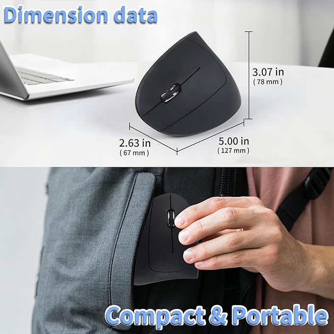 Ergonomic Mouse Wireless Left Handed Vertical Mouse with LED Light USB Receiver 6 Buttons Portable 2.4GHz Optical USB Wireless Mice for PC Laptop Desktop Computer Notebook Mac Adults Gifts, Black
