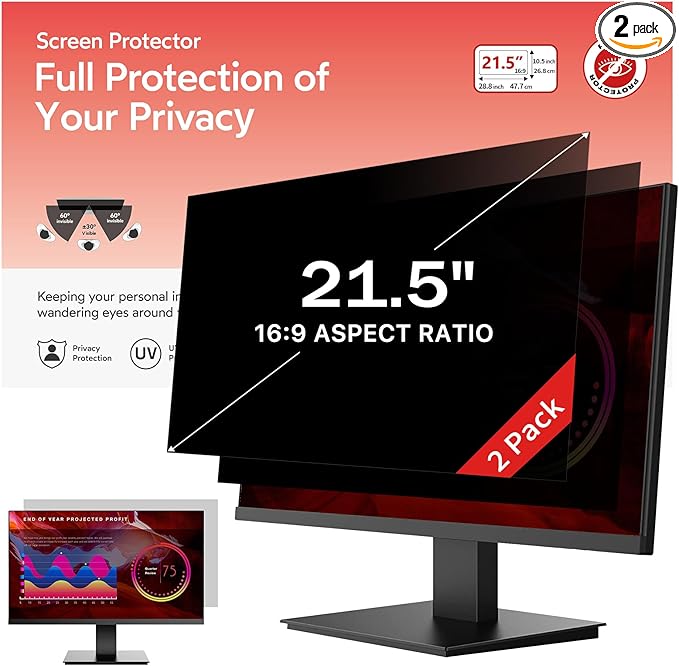 bersem 2 Pack 21.5 Inch Monitor Computer Privacy Screen Filter for 16:9 Ratio,Removable Monitor Anti-Glare & Privacy Filters for 21.5 Inch, Anti Blue Light, Anti-Spy, Anti-Scratch, UV-Blocking