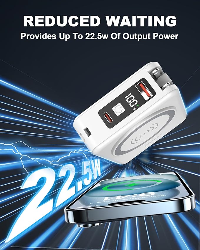 for Magsafe Portable Charger Power Bank 10000mAh, 22.5W Battery Pack Fast Charging Wall Plug Power Bank for iPhone Andriod Sumsung Travel Charger with Built in USB C & Lightning Cables