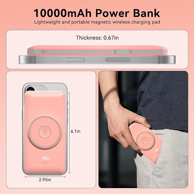 Magnetic 10000mAh Portable Charger for iWatch & iPhone, 22.5W USB C Fast Charging Wireless Power Bank Built-in Cables and Wall Plug, External Travel Battery Pack Compatible with iOS Android Devices