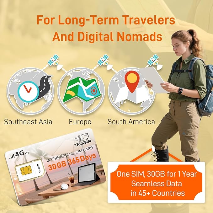 International Data SIM Card 30GB 365 Days, 4G LTE Prepaid Travel SIM Card Supported 45 Countries USA,UK,Europe,Asia& Africa, Ideal for Business Trip, Europe Travel& Family Together, No Contract