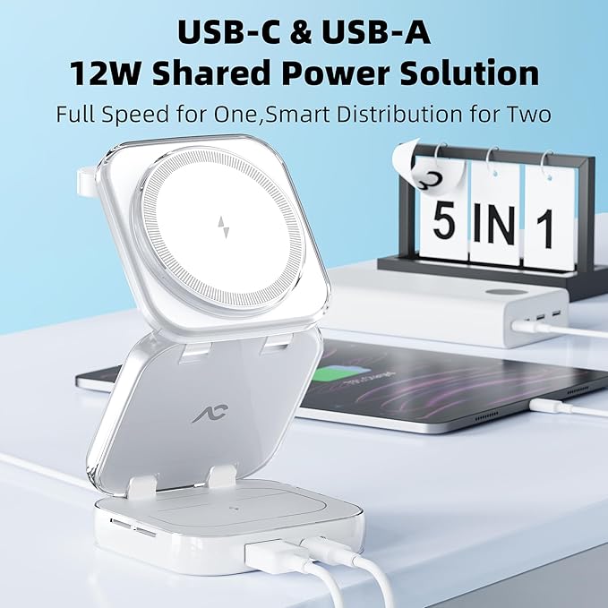 5-in-1 Wireless Charger for MagSafe, AC ISLAND Portable Travel Charging Station, 15W Max Fast Foldable Magnetic Stand, Evolved for iPhone 17/16/15/14/13 Series, Apple Watch, AirPods (with 35W Adapter)
