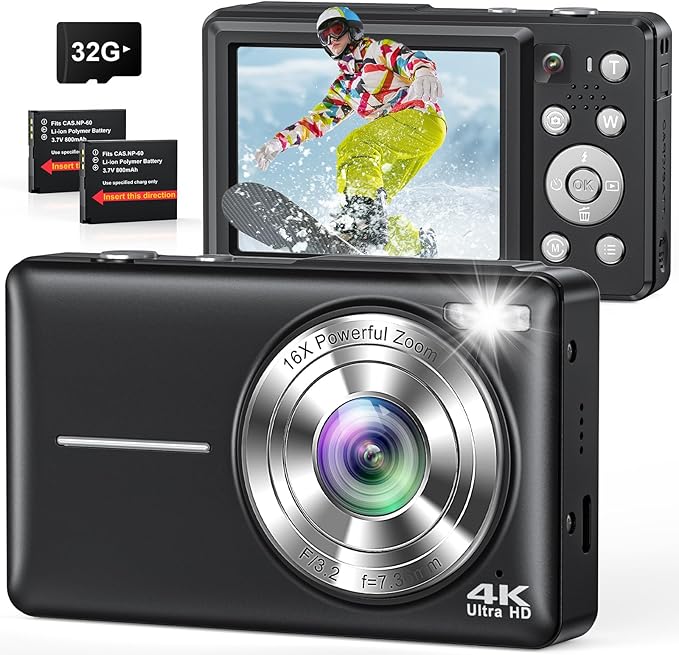 Digital Camera 4K, Compact Point and Shoot Digital Camera with Auto Focus, Dual Camera, Flash, 16X Zoom, 32GB Card, 64MP Cameras for Photography, Boys, Girls, Teens, Adults Vlogging Camera, Black