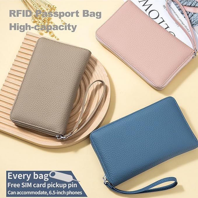 Leather Travel Wallet, RFID passport wallet for travel, with Zippered Pocket and Cash Slot, for Secure Traveling and Documentation Organizer (Eephant Grey)