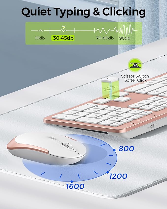 Wireless Keyboard and Mouse Combo - Full Size Slim Thin Wireless Keyboard Mouse with Numeric Keypad 2.4G Stable Connection Adjustable DPI - Rose Gold & White