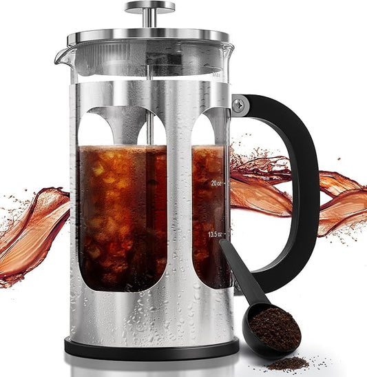 BAYKA 34oz French Press Cold Brew Coffee Maker, Heat and Cold Resistant Thickened Borosilicate Glass Stainless Steel Coffee Press, Iced Coffee Pot Tea Pitcher for Kitchen Travel Camping,1 Liter,Silver