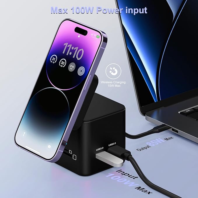 USB C Laptop Docking Station with MagSafe Charger Stand, 9 in 1 USB C Hub Multiport Adapter with 4K HDMI, 1Gbps Ethernet, 3 USB 3.0, SD/TF, Compatible with MacBook/Dell/HP/Lenovo/iPhone (Black)