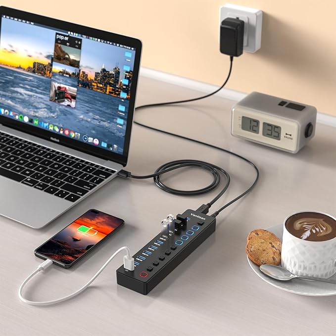 Powered USB Hub, 11-Port USB 3.0 Hub Splitter - 10 USB 3.0 Data Transfer Ports + 1 Smart Charging Port, USB Hub 3.0 Powered with Individual LED On/Off Switches and 5V/4A Power Adapter