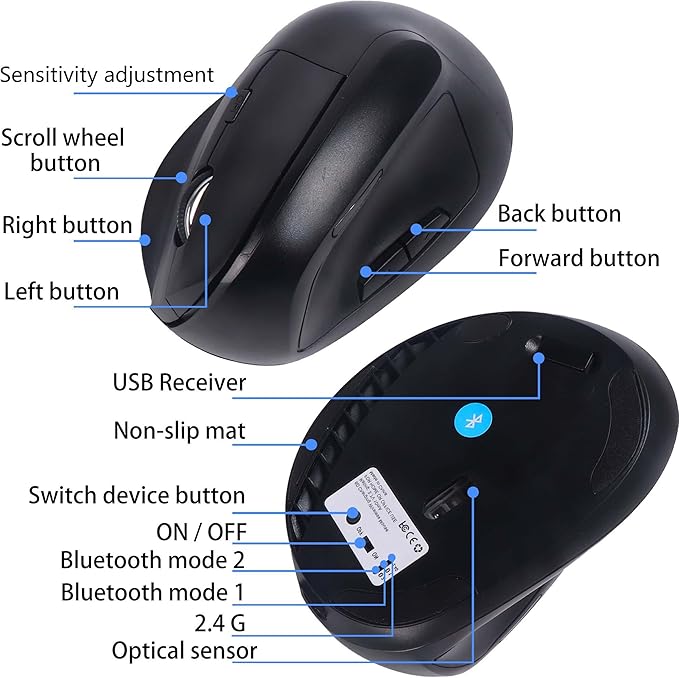 Wireless Ergonomic Bluetooth Mouse Vertical Dual Mode Rechargeable Silent Portable High Precision Optical Cordless Mice with USB Receiver for PC/Laptop/Tablet/MacBook Boy Girl,Reduce Wrist Pain（Black）