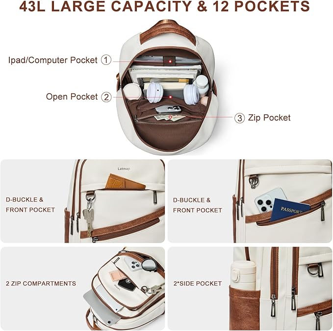 43L Backpack for Women Men - Vegan Leather Backpack Purse Travel Carry-on Bag College Bookbag Work fits 17" Laptop, Beige