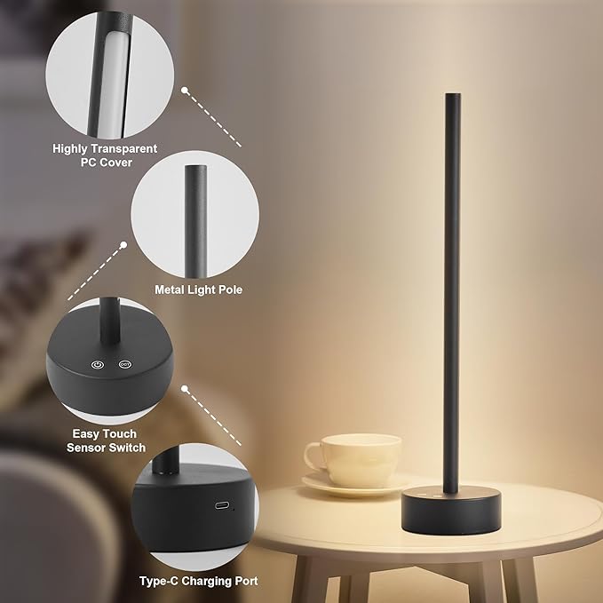 Cordless LED Table Lamp Set of Two, Battery Operated Portable Desk Lamp, Dimmable/3 Color/Memory Function, Modern Rechargeable Table Light for Living Room,Bedroom, Bedside, Black, 2 Pack