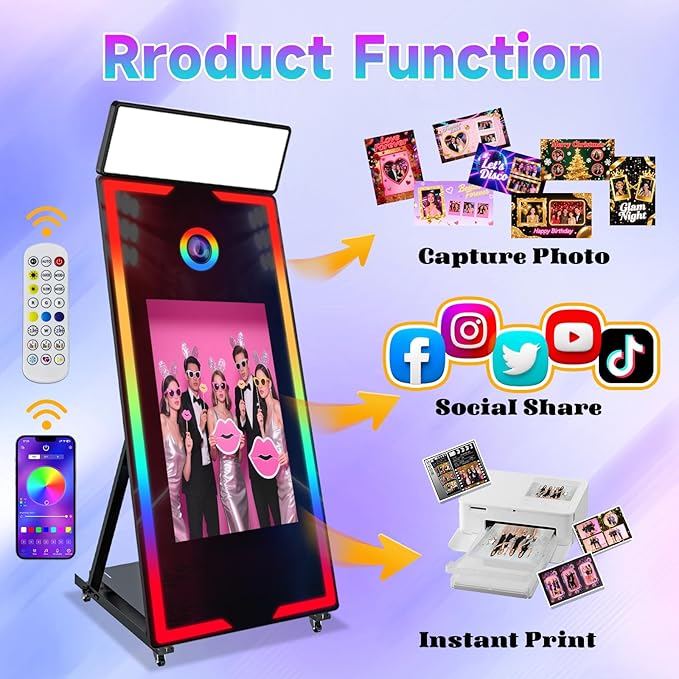 Mirror Photo Booth with Camera and Printer, 65" Magic Mirror Photo Booth, 32" Touch Screen Built-in Mini PC with Instant Print and Sharing, Music Sync Control RGB Light (White, 65-32" Full Set)