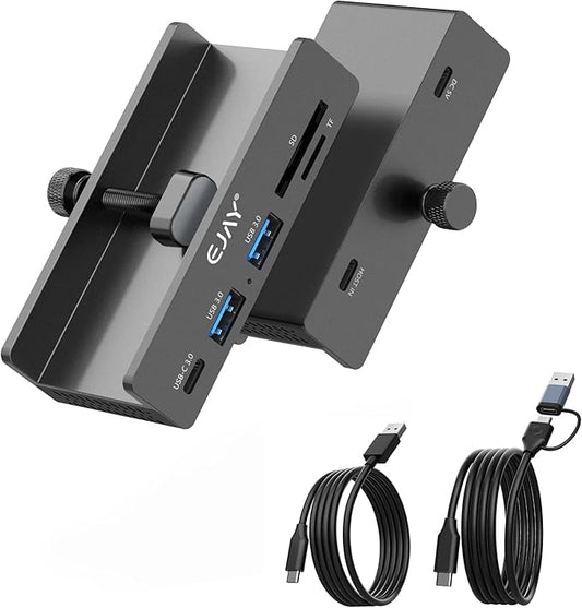 EJAY 5Ports USB3.0 HUB Alu Splitter Desktop Docking with TF&SD Card Reader for Desk/Monitors Clipping with Extra Power Supply Port,59inches Data & 39inches Power Cable-5Gbps(JK-2A1CTS-BK)