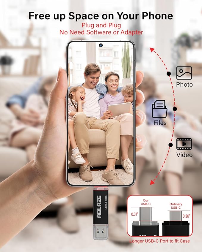 ABLAZE Type C Flash Drive 64GB, Dual USB 3.0+ USB C Flash Drive Compatible with iPhone 16/15,Android Smartphone,Computer,Tablet Mac Laptop