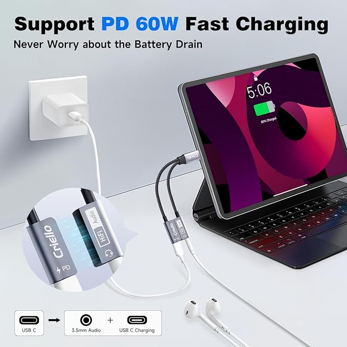 Magnetic USB-C to 3.5mm Audio Adapter and Charger 2 in 1 Headphone and Charger Type C Audio Adapter with PD 60W Fast Charging Dongle Cable for iPhone 17/16/15 Pro Max, iPad Pro/Air, Galaxy S25