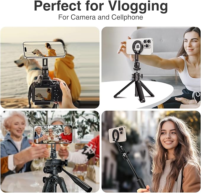 elitehood Magnetic Magsafe Tripod Phone Mount Holder, Foldable Phone Holder for Tripod Attachment with 1/4” Screw & Cold Shoe, All Aluminum iPhone Mount Adapter for Recording Shooting Vlogging