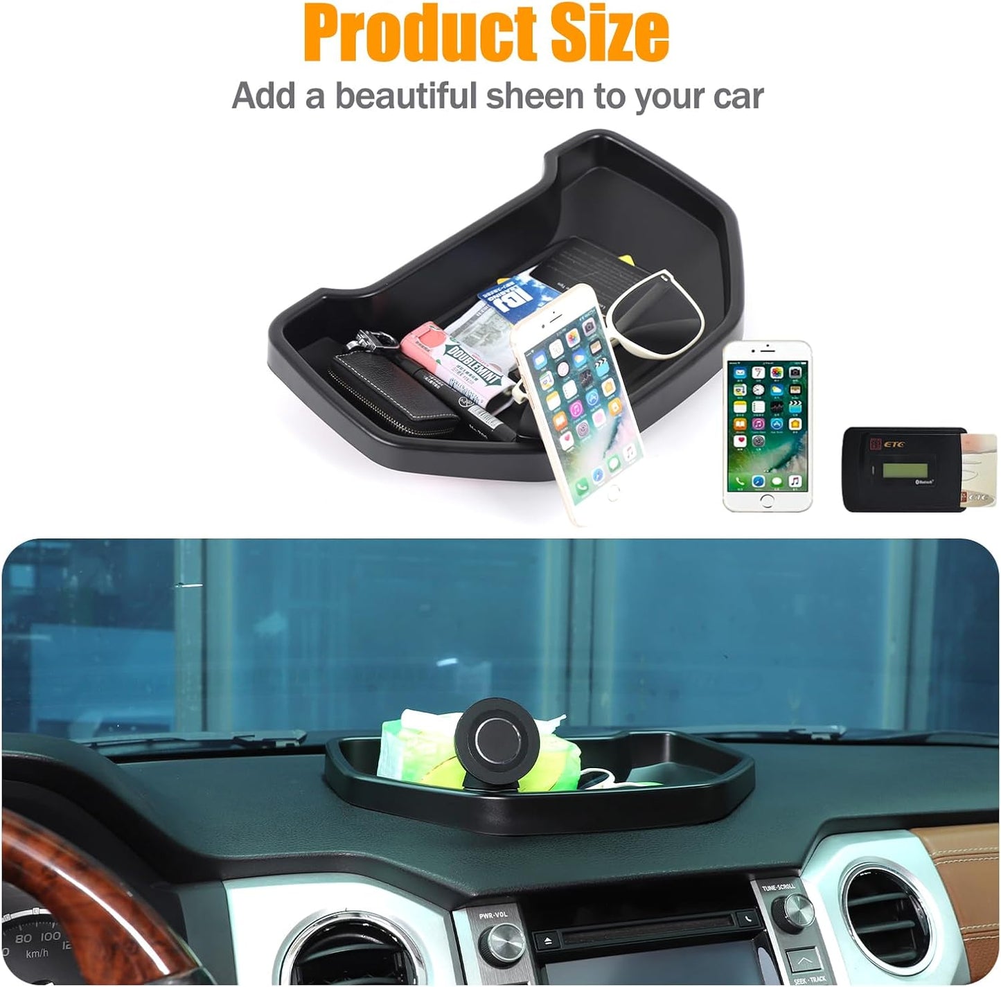 LLKUANG Black ABS Car Center Console Dash Table Storage Tray Fit for Toyota Tundra 2014-2021 Instrument Organizer Phone Holder Cradle Accessories (with Mobile Phone Holder(C))