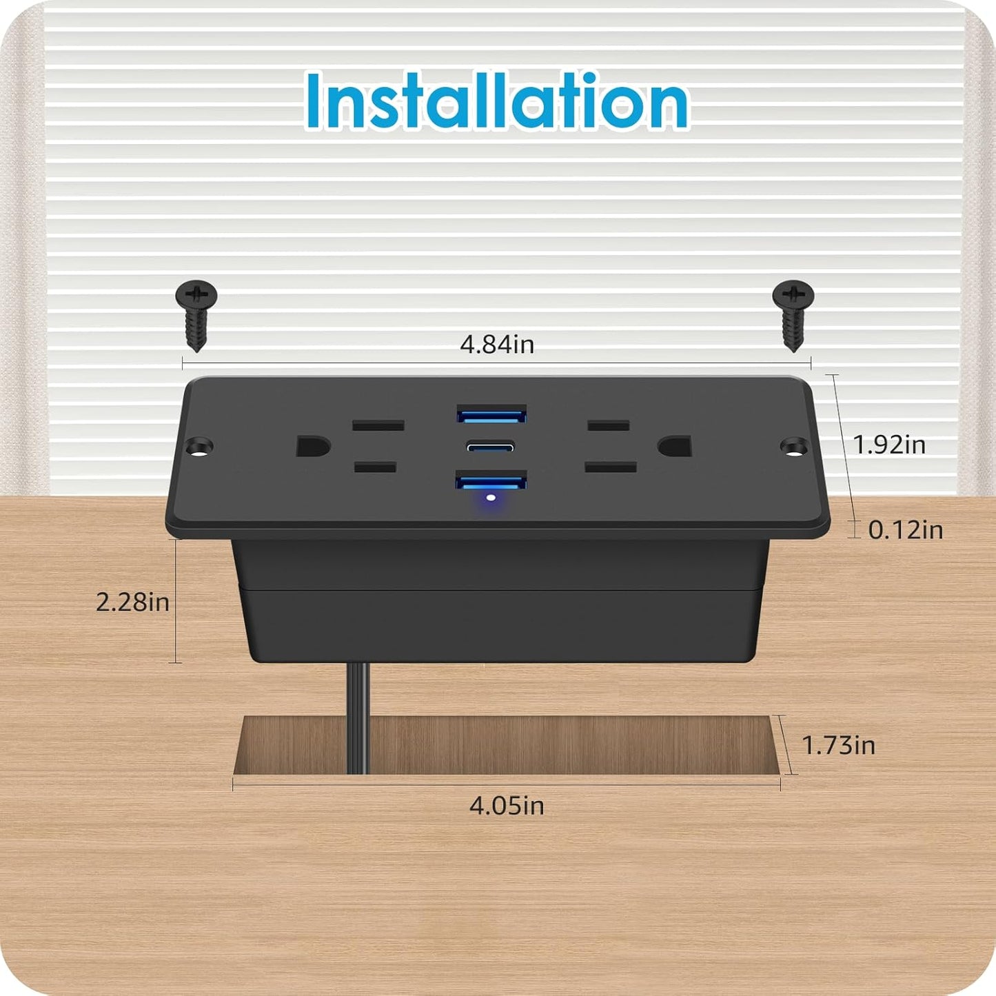HHSOET 5 in 1 Recessed Power Strip Flat Plug, 65W Fast Charging Furniture Outlet with USB, Conference Recessed Socket with 2 AC Plugs, 2 USB Ports 1 USB-C, 10ft Power Cord. (Black)