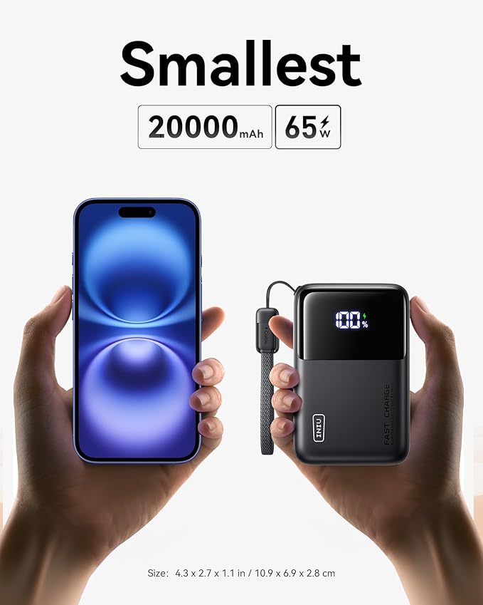 INIU Power Bank, 20000mAh 65W Ultra Compact USB C Laptop Portable Charger, PD QC Fast Charging 3-Output External Battery Pack for Laptop MacBook iPad Tablet Steam Deck iPhone 17 16 15 Pro Samsung S24