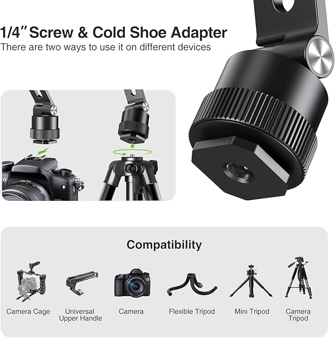 elitehood Magsafe Phone Tripod Mount Adapter with 360° Rotatable Cold Shoe & 1/4” Screw, Magnetic Camera Phone Mount, Aluminum iPhone Holder for Tripod Camera Video Recording Live Streaming Vlogging