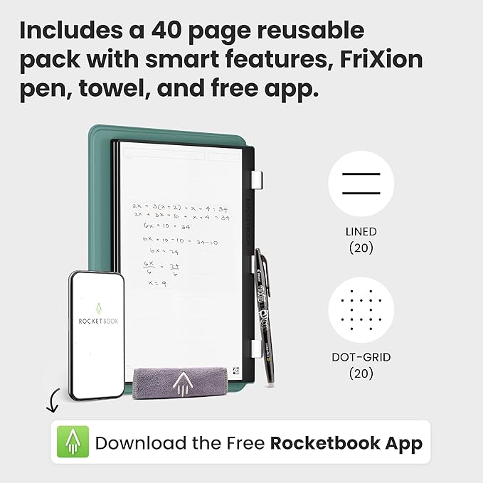 Rocketbook Pro 2.0 Reusable Professional Smart Notebook, Executive Size 7x9, Green - Lined & Dot Grid Pages, App-Connected, Erasable, Premium Cover, Ideal for Work Notes and Business Meetings