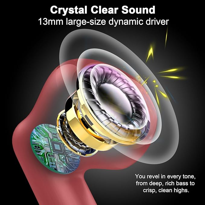 Wireless Earbuds, Bluetooth 5.4 Earbuds Stereo Bass, Bluetooth Headphones in Ear Noise Cancelling Mic, Earphones IP7 Waterproof Sports, 32H Playtime USB C Charging Case Red Ear Buds for Android iOS