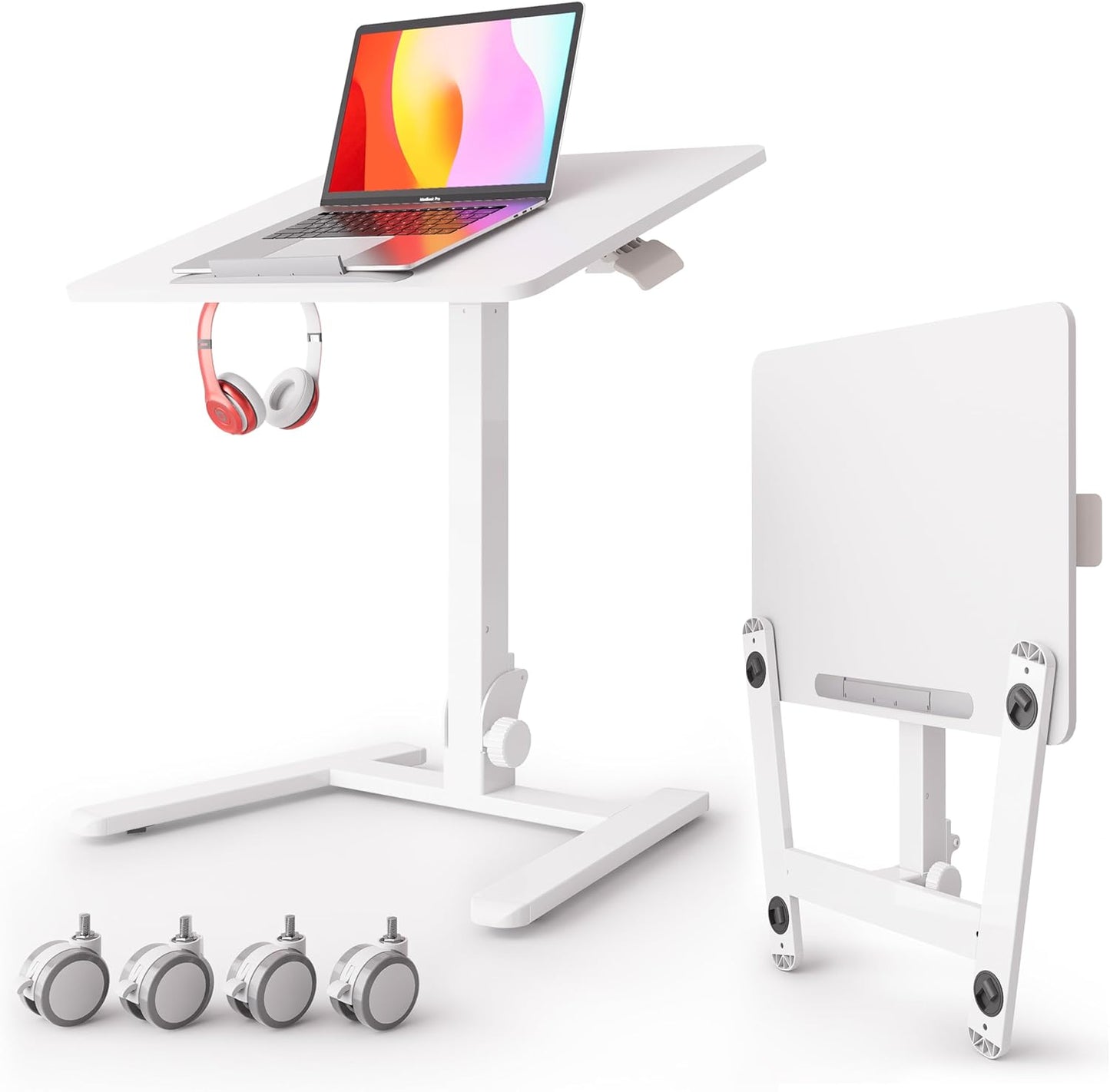 Monomi Mobile Folding Desk 25 Inch, Small Sit-Stand Height Adjustable Rolling Laptop Desk, Space-Saving Portable Desk with Wheels for Home Office Craft & Study, White