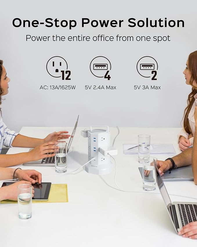 Power Strip Tower Surge Protector, JACKYLED 12 Outlets 6 USB (2 USB C) Charging Station, Extension Cord with Multiple Outlets, 1050J 1625W/13A Outlet Extender 6.5ft Extension Cord for Home Office