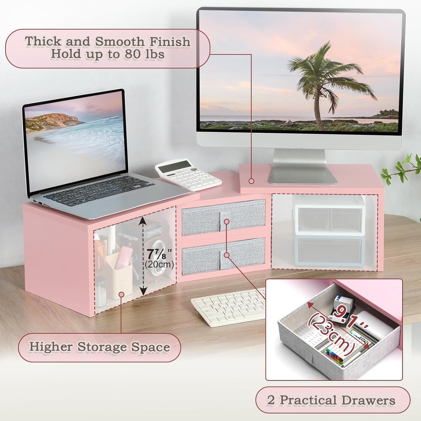 TEAMIX Pink Dual Monitor Stand Riser with 2 Drawers - Length and Angle Adjustable Double Corner Desk Shelf Organizer 37 inch for 2 Laptop/PC/Screen/TV (2 Drawers - 8''H)