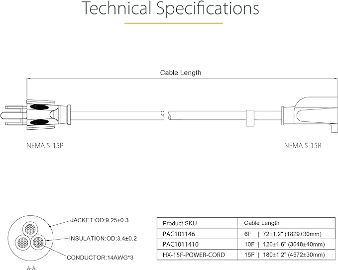 StarTech.com 10ft (3m) Heavy Duty Extension Cord, NEMA 5-15R to NEMA 5-15P Black Extension Cord, 15A 125V, 14AWG, Heavy Gauge Power Extension Cable, Heavy Duty AC Power Cord, UL Listed (PAC1011410)
