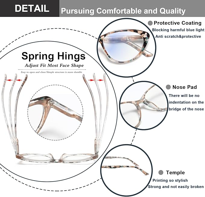EYEURL Cat Eye Reading Glasses for Women -2 Pack of Blue Light Blocking Readers Spring Hinge Computer Eyeglass with Tortoise/Champagne Pattern Design Readers for women +2.50