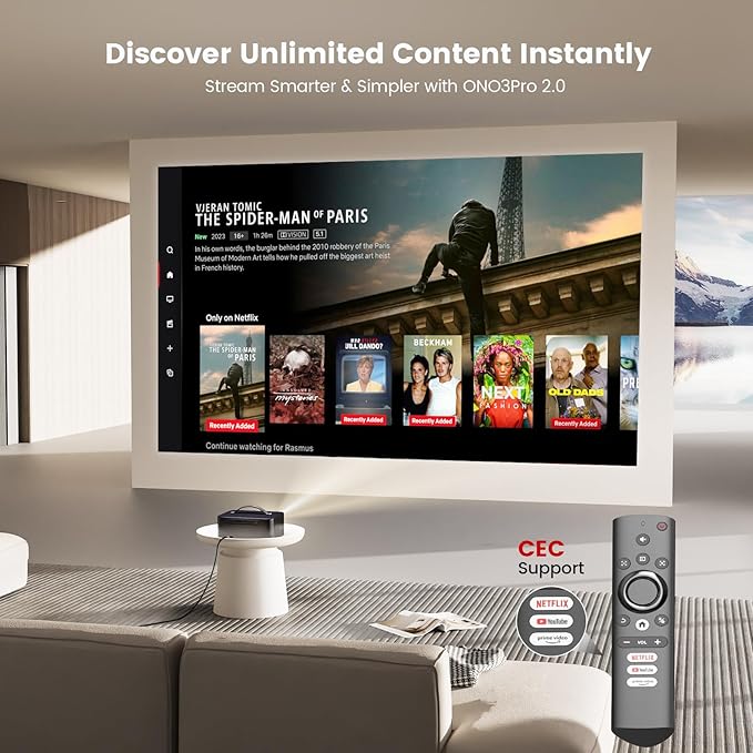 Projector-4K with WiFi and Bluetooth:[2000 ANSI/AI Auto Focus/Built-in APPs]Outdoor-Projector Smart TV OS 2.0 & DoIby, Portable Proyector Compatible with Netflix/YouTube/PrimeVideo, ONOAYO ONO3Pro 2.0